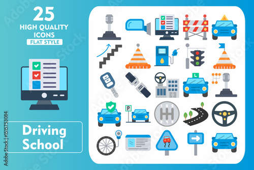 Driving School Flat Icon Set. Incleded Icons Gear, Seat Belt, Lane, Steering Wheel, Wheel Pressure, Driving License, Smooth Road, One Way. Vector Icons Collection