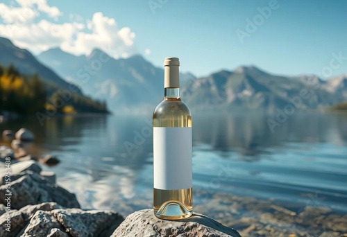 White wine bottle mockup on pristine lake shore, mountain backdrop, summer, white