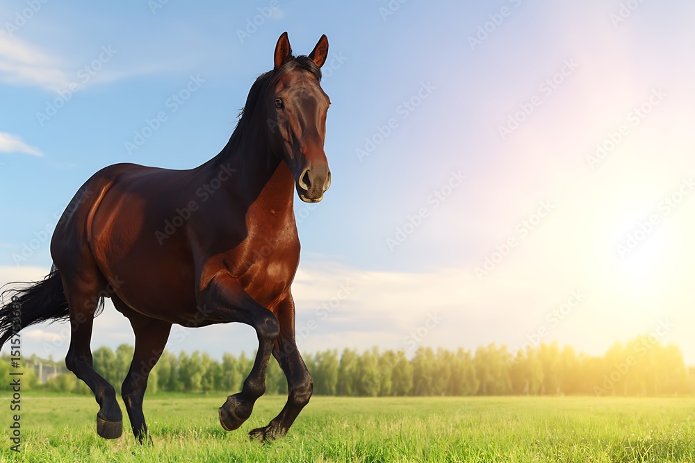 Fototapeta premium Majestic brown horse galloping in sunlight