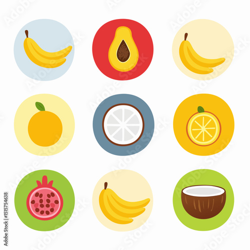 A clean flat icon set of tropical fruits for digital use or print