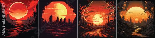 A sprawling ruined metropolis looms before a gargantuan fiery sun, its shattered towers casting long shadows over mutated fauna wandering cracked green plains under an apocalyptic blood sky.