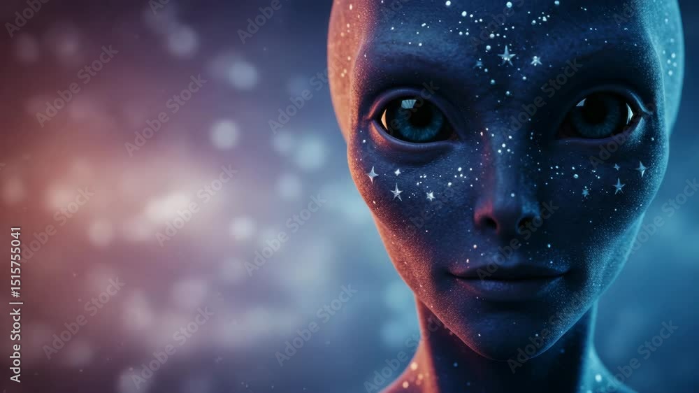 A thoughtful alien gazes out, constellation of sparkling stars scattered across its blue face in this captivating , copy space. A thoughtful alien gazes out, constellation of sparkling stars scattered across its blue face in this captivating , copy space.