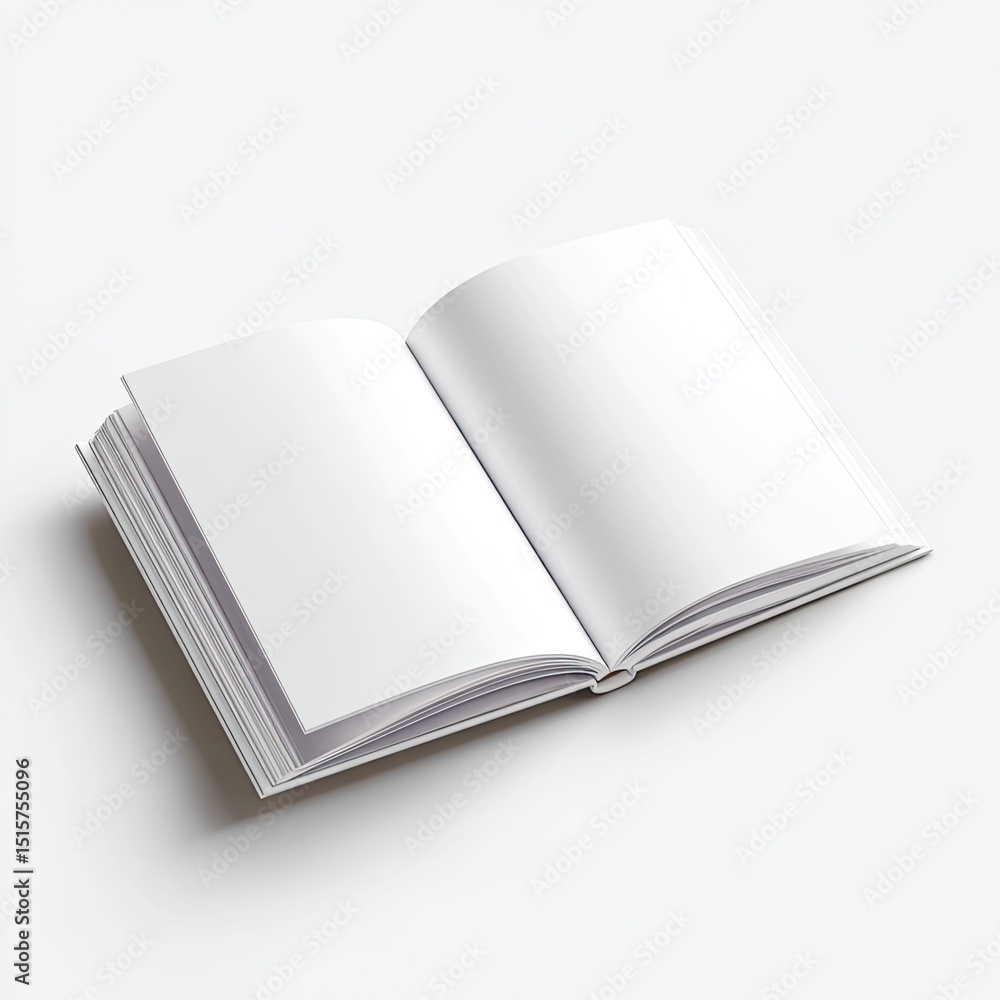 An open, blank, hardcover book rests on a white background, its pages pristine and unblemished, displaying a clean, minimalist aesthetic An open, blank, hardcover book rests on a white background, its pages pristine and unblemished, displaying a clean, minimalist aesthetic