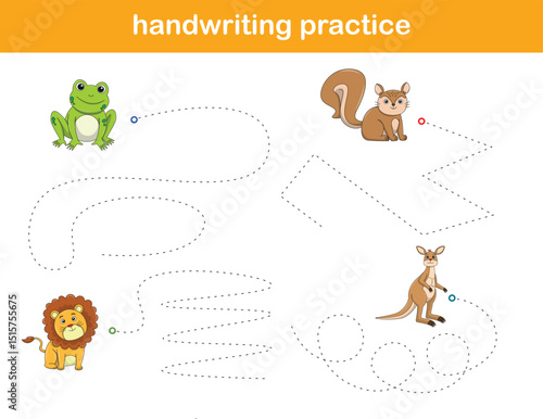 Handwriting Practice. Tracing lines for kids with animals. Vector Illustration