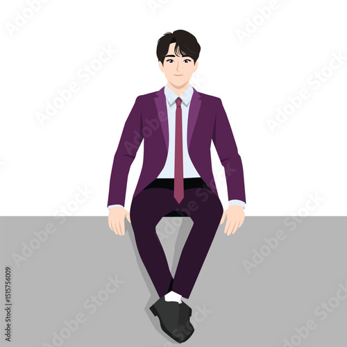 Young businessman in a purple suit sitting calmly on a ledge, exuding confidence and composure. Flat Vector character illustration