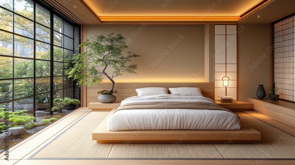 Serene Japanese-Style Bedroom with Garden View Serene Japanese-Style Bedroom with Garden View