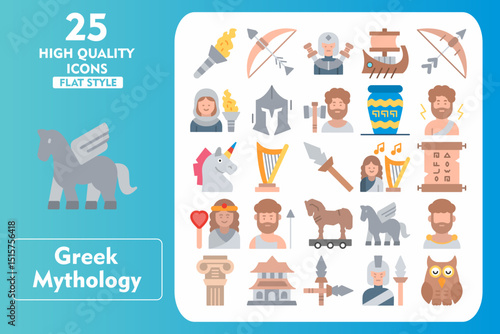 Greek Mythology Flat Icon Set. Incleded Icons Torch, Bow And Arrow, Warrior, Trireme, Artemis, Hestia, Spartan, Hephaestus, Vase, Zeus. Vector Icons Collection