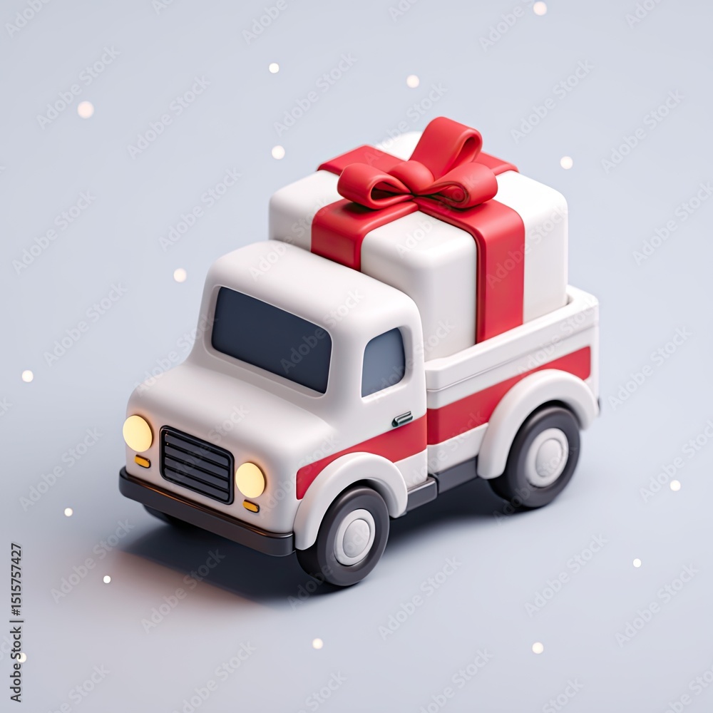 A white pickup truck with a large gift box tied with a red ribbon on its bed, against a light-blue background with small white dots A white pickup truck with a large gift box tied with a red ribbon on its bed, against a light-blue background with small white dots