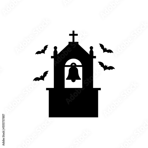 Bell Tower at Night with Bats Flying Around for Halloween or Spooky Theme