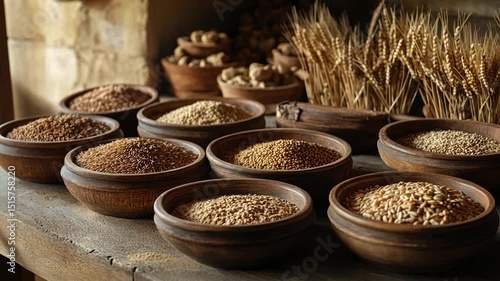 Various grains in rustic wooden bowls, wheat stalks in background