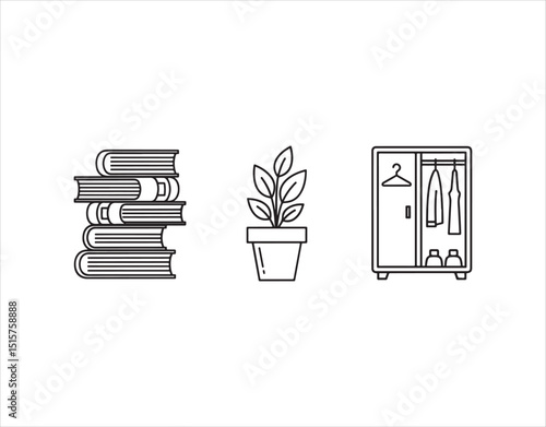 Illustration icon featuring books, a plant, and a wardrobe against a white backdrop. You can use these signs and symbols for websites, logos, mobile applications, UI, and UX.
