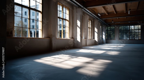 Spacious warehouse interior featuring large windows that allow natural light to flood room  creating beautiful shadows on floor. atmosphere is calm and inviting  perfect for creative projects