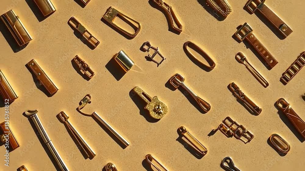 Collection of golden-colored metal objects arranged on a beige surface Collection of golden-colored metal objects arranged on a beige surface