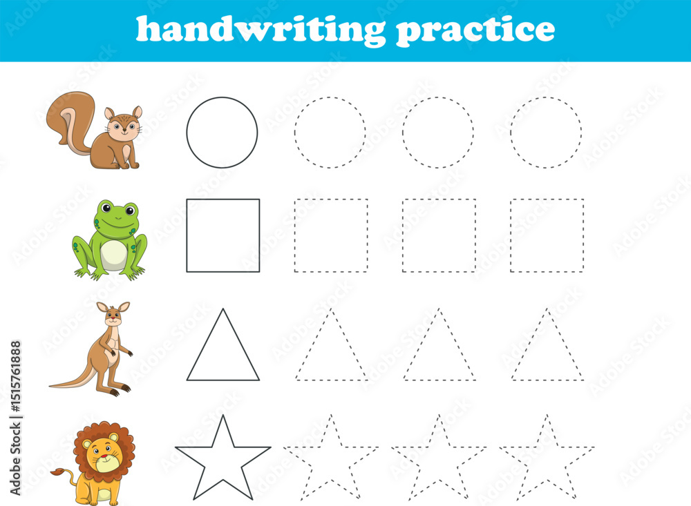 Handwriting Practice. Tracing lines of different shape for kids with animals. Vector Illustration Handwriting Practice. Tracing lines of different shape for kids with animals. Vector Illustration