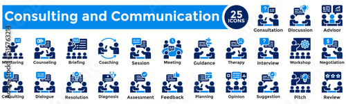 Consultation and communication icon collection set. Containing interview, discussion, meeting, opinion, session, negotiation, briefing, suggestion, resolution icon. Simple flat vector illustration.
