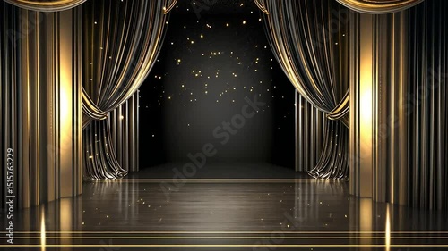 Elegant stage with gold and black curtains, glittering backdrop