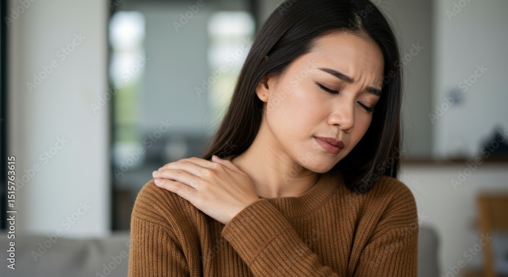 Pain management strategies for shoulder pain relief home setting image of woman indoor environment close-up view health and wellness concept Pain management strategies for shoulder pain relief home setting image of woman indoor environment close-up view health and wellness concept
