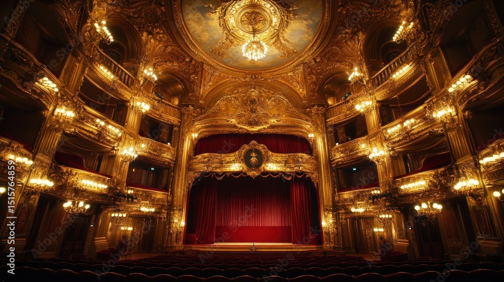 Obraz premium The Golden Splendor of a Grand Opera House: A Symphony of Gilded Detail and Rich Velvet
