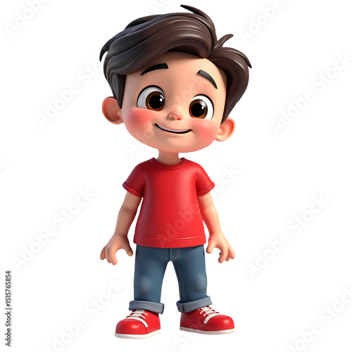 A cartoon boy with brown hair wearing a red shirt and blue jeans standing smiling isolated on transparent background