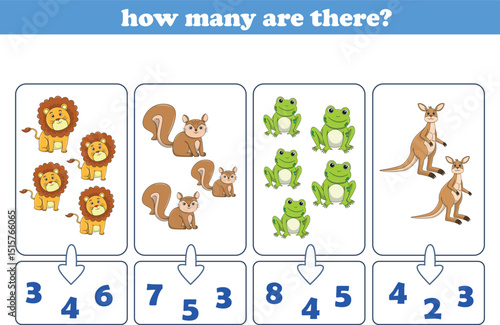 Counting game of wild animals for preschool kids. Printable. Vector Illustration