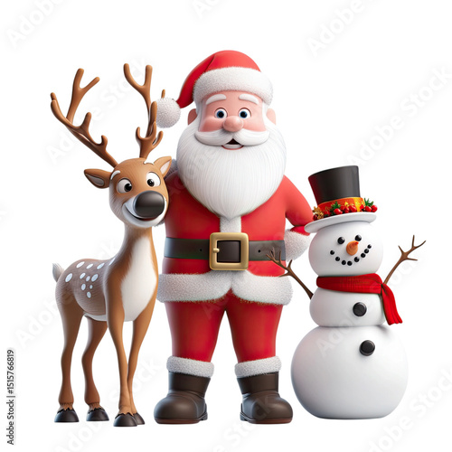 Cheerful Santa with Reindeer  Snowman Holiday Fun.