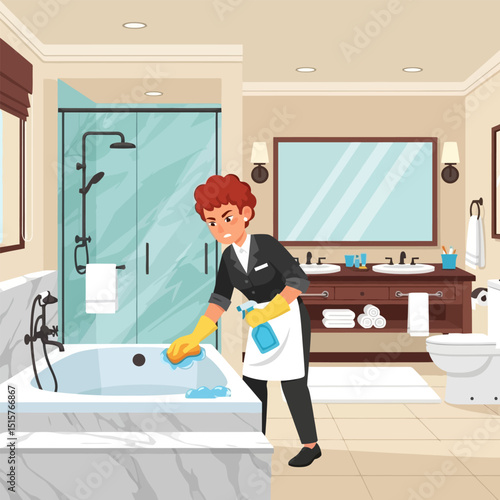 Person Cleaning Bathtub with Sponge and Spray in Bathroom Setting