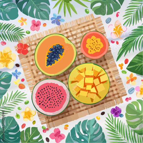 A top-down tropical fruit picnic scene with leaf mat and orchids