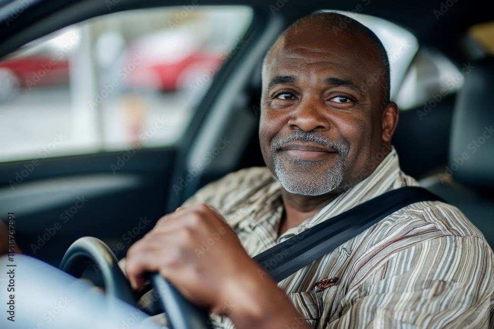 African American man sitting in a car in a car dealership fastening his seat belt African American man sitting in a car in a car dealership fastening his seat belt