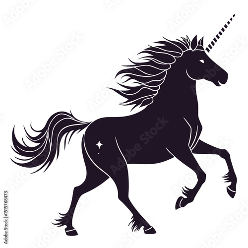 Majestic black unicorn silhouette galloping