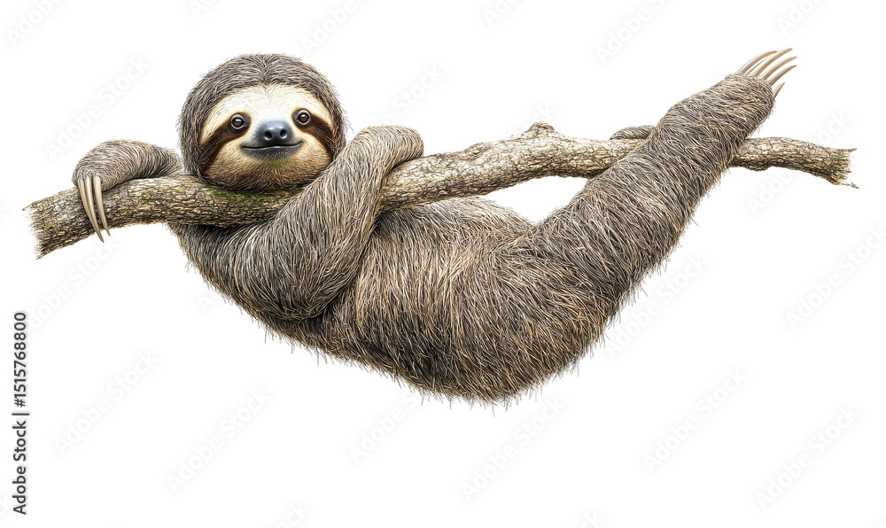 Obraz premium Three toed sloth hanging from branch isolated on transparent PNG