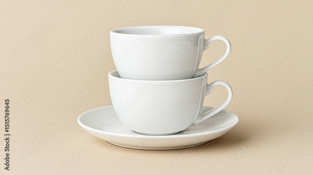 Two white teacups stacked on a saucer. Two white teacups stacked on a saucer.