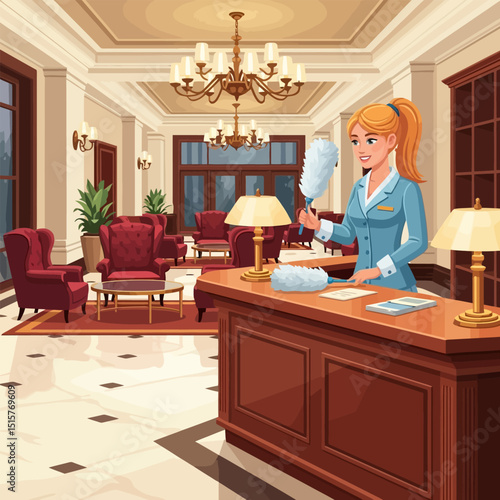 Woman Dusting in Elegant Hotel Lobby with Red Seating Area
