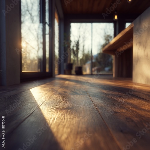The warm interior of a modern wooden house bathed in warm afternoon light  with smooth laminate flooring that reflects light softly.