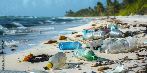 A beach scene with plastic bottles, seaweed, and driftwood scattered on the sand.