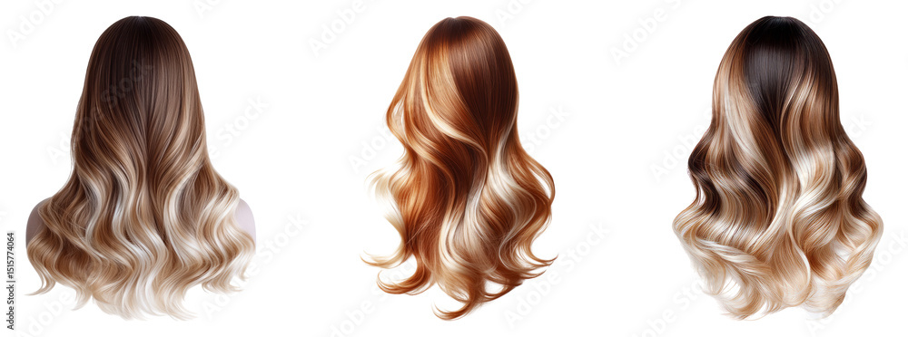 Fototapeta premium Three beautiful hairstyles featuring gradient colors on a transparent background