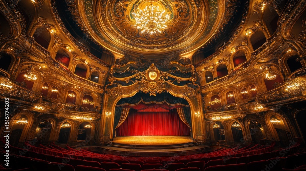 Obraz premium Opulent Golden Theater Interior: A Majestic Stage and Audience Seating