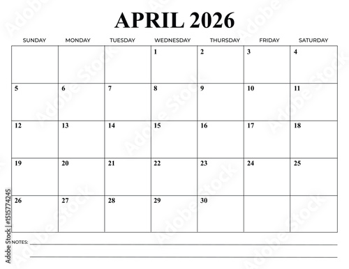 Wallpaper Mural Minimal April 2026 monthly calendar template with Sunday start. Clean black and white office planner design suitable for business scheduling, wall calendars, desk planners, printable organisers. Torontodigital.ca