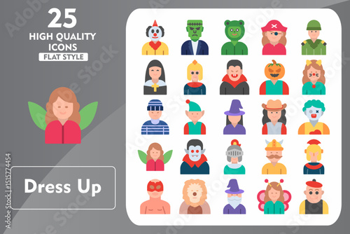 Dress Up Flat Icon Set. Incleded Icons Clown, Frankenstein, Frog, Pirate, Soldier, Nun, Spartan, Vampire, Pumpkin, Catwoman. Vector Icons Collection