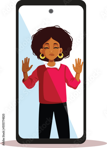 Prisoner Woman Inside a Smartphone Fighting Addiction Vector Illustration. Person being captive of smart phone technology unable to control herself