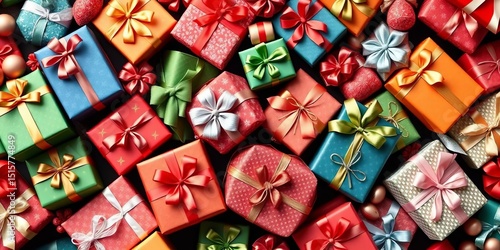 Seamless festive pattern featuring assorted gift boxes in Christmas colors, leaving ample space for design use, holiday, paper