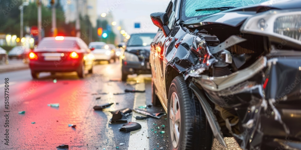 Fototapeta premium A car accident scene with damaged vehicles and debris on the road