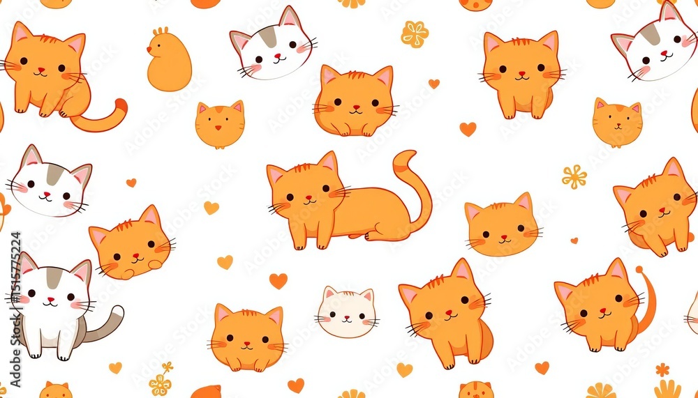 Seamless pattern featuring playful cartoon cats and adorable orange animals on a white background, friendly, vector Seamless pattern featuring playful cartoon cats and adorable orange animals on a white background, friendly, vector