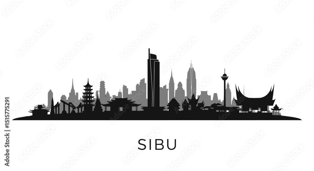 Naklejka premium Sibu with Malaysia Skyline Silhouette Cityscape.