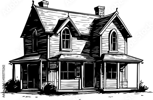 Historic victorian house small town architectural drawing rustic setting front view timeless charm and heritage