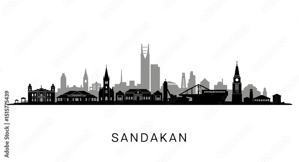 Obraz premium Sandakan City Skyline Black Vector Silhouette.