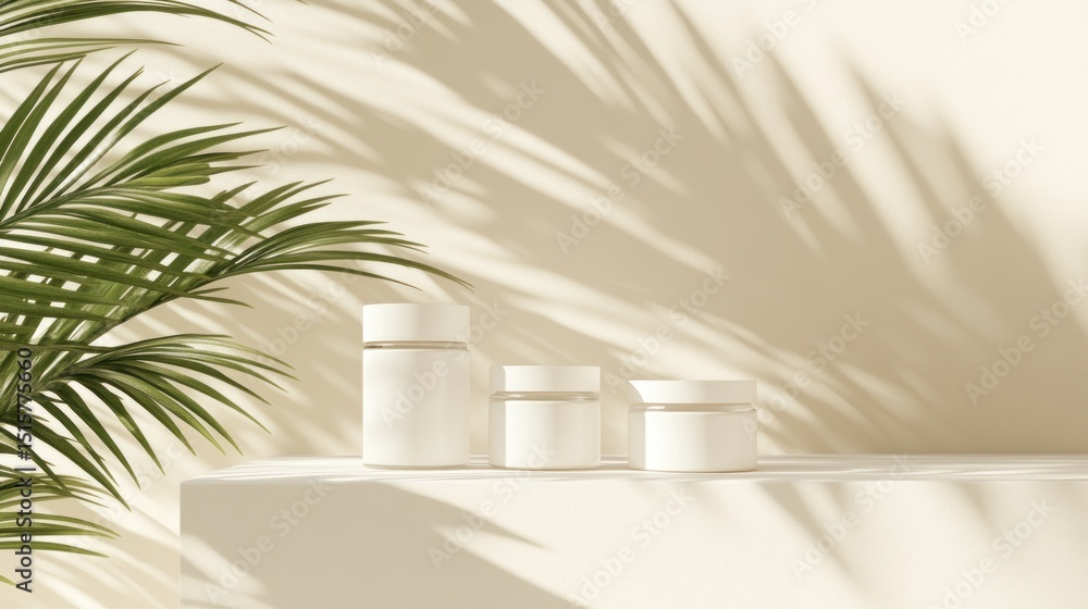 White cosmetic containers in natural light setting. White cosmetic containers in natural light setting.