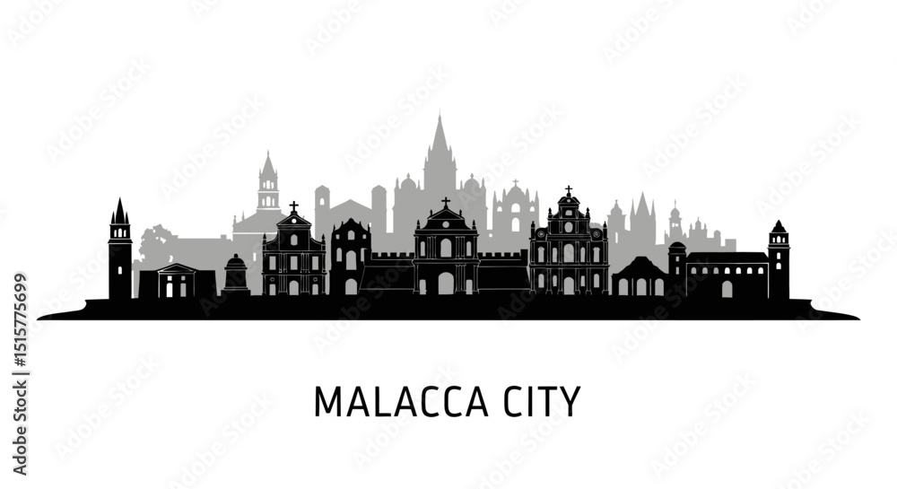 Fototapeta premium Malacca City Skyline Black and White Vector.