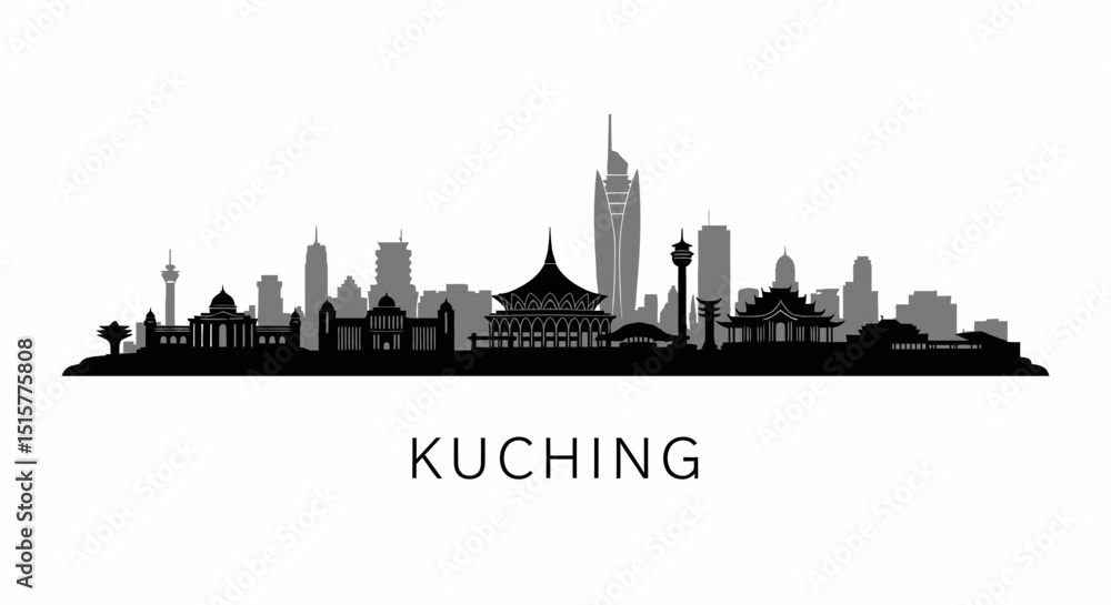 Kuching Skyline Malaysia Cityscape Silhouette. Kuching Skyline Malaysia Cityscape Silhouette.