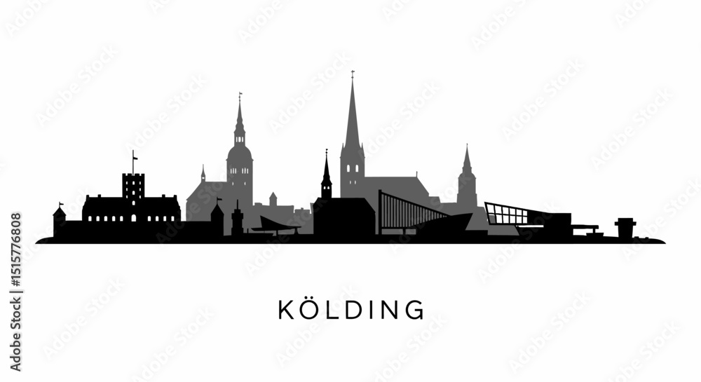 Fototapeta premium Kolding with Denmark Skyline, and Black Silhouette.