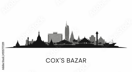 Coxs Bazar Skyline Vector with Myanmar Cityscape Silhouette.